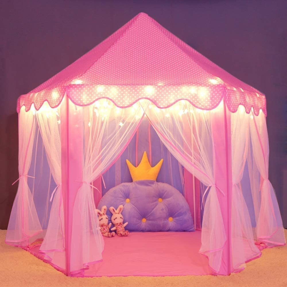 Outdoor Indoor Portable Folding Princess Castle Tent; (Warm LED Star Lights)